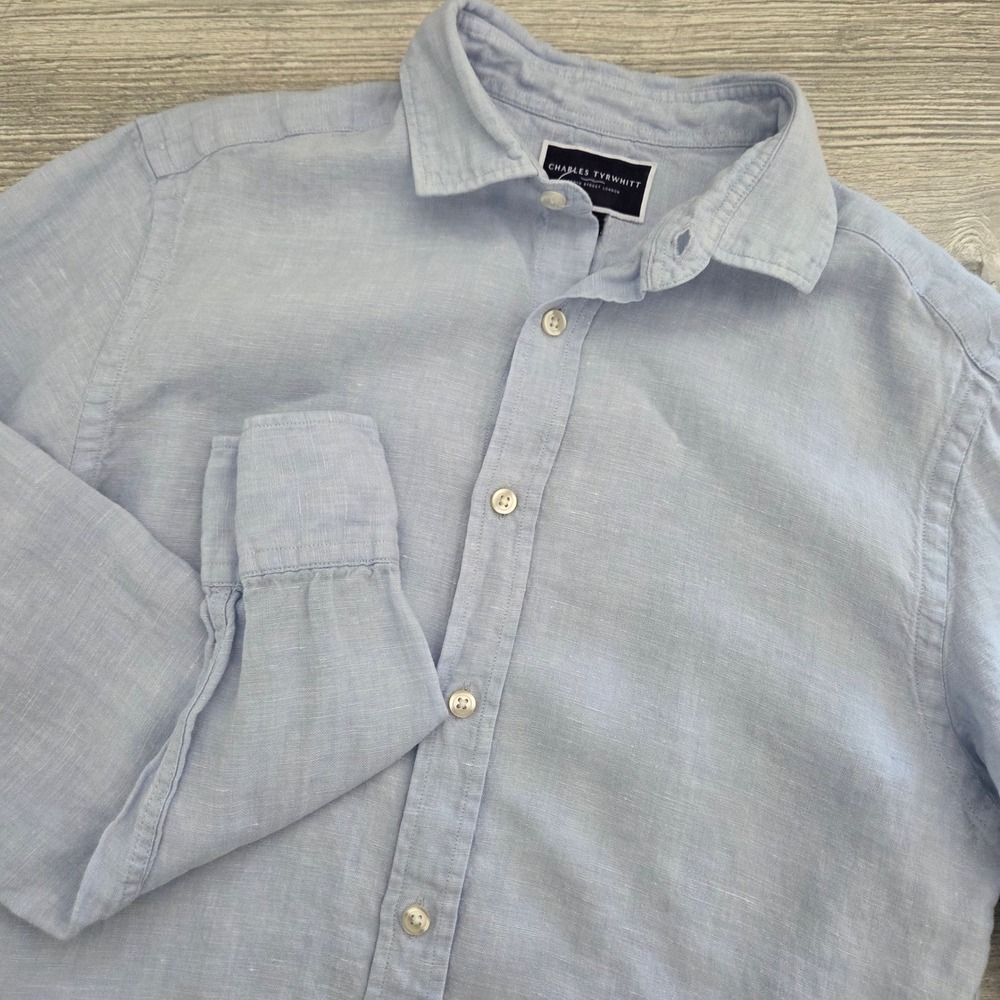 Charles Tyrwhitt Button Down Shirt Light Blue Slim Fit Linen Mens Small